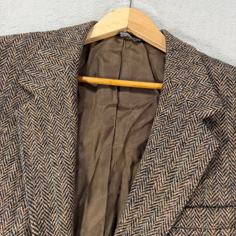 Sergio Valente Harris Tweed Men 44L Wool Herringbone Blazer Sport Coat Brown USA - Picture 2 of 14